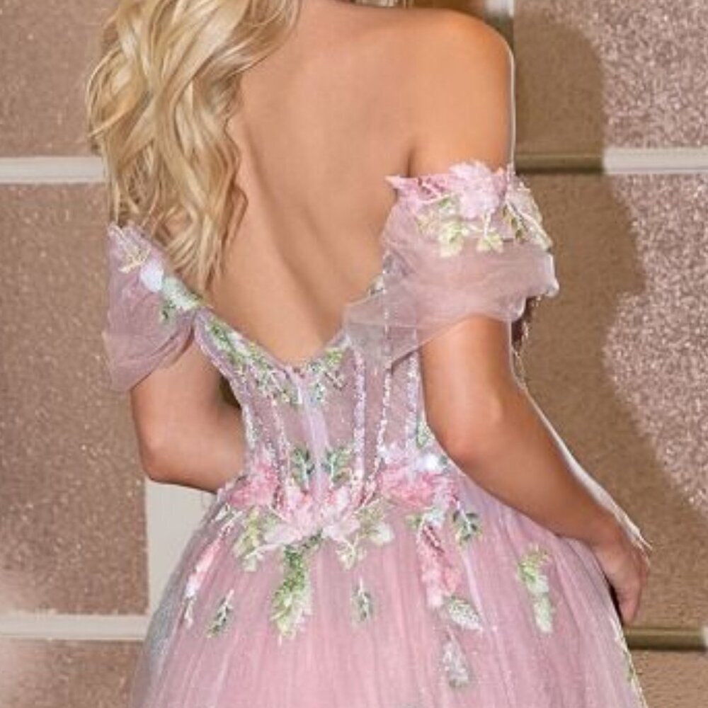 New Off Shoulder Evening Tulle Gown w/ Floral Applique & Layered Skirt CD A1479 - Picture 10 of 11